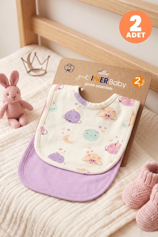 Just Inner Kız Bebek 2'li Pamuklu Önlük Ayışığı Desenli Çıtçıtlı Çift Katlı Cilt Dostu 684302 Lila