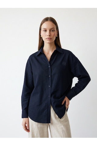 Pera Moda Nakışlı Keten Pamuk Oversize Kumaş Uzun Kollu Gömlek Lacivert