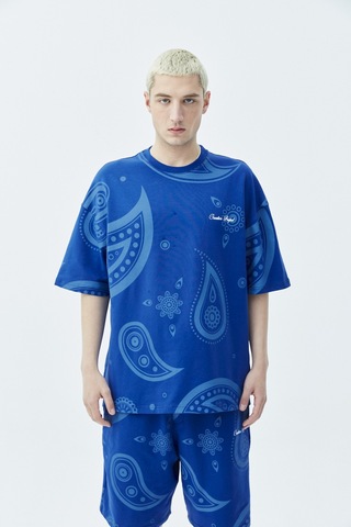 Oversize Desenli Şort Tişört Takım Saks