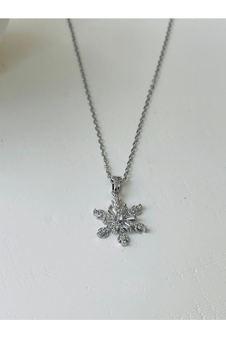 Zirkon Taşlı Kar Tanesi Model Çelik Kolye Gümüş