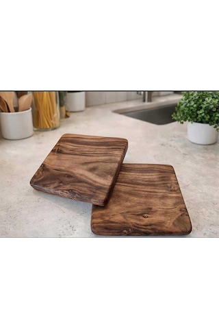 2 Adet Ceviz Ağacı Nihale 16x16 Cm Doğal Masif Ahşap Tencere & Çaydanlık Altlığı