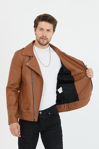 Erkek Taba Yeni Sezon Çapraz Fermuarlı Deri Ceket Mont-Taba