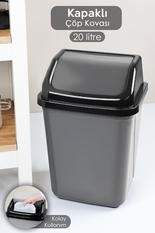 Kapaklı Plastik Çöp Kovası - Ev Ofis Banyo Mutfak Çöp Kovası Gri 20 Litre Gri
