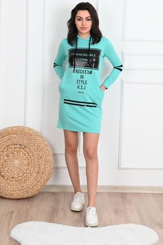 Kadın Kapüşonlu Baskılı Sweat Elbise 7004 001