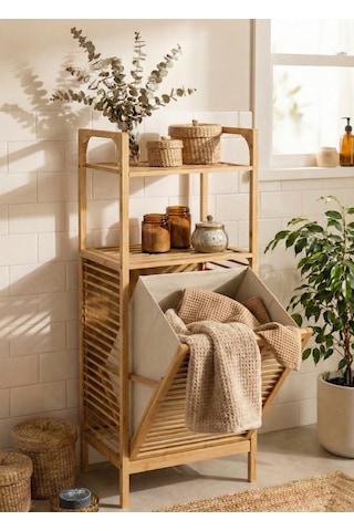 Doğal Bambu Kirli Sepetli 2 Raflı Çok Amaçlı Banyo Düzenleyici Çamaşır Sepeti Organizer Bej