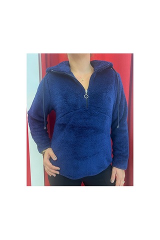 Rouge Basic Kapşonlu Yarım Fermuar Peluş Sweat Lacivert