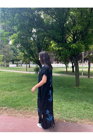 Mavi Denizci Desenli Siyah Salaş Kimono Kaftan Standart Mavi