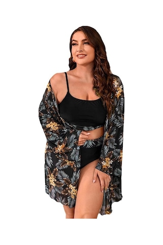 Plaj Güneş Kremi Üç Parçalı Mayo Dijital Baskılı Örgü Örtü Kadın Çok Parçalı Kombinasyon Nefes Alabilir Mayo Siyah