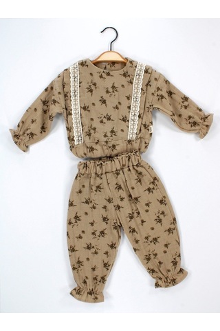 Babyhola Dantel Detaylı Çiçek Desenli Müslin Bayramlık Kız Bebek Takım Üst Ve Pantolon İkili Set 2009 Kahverengi