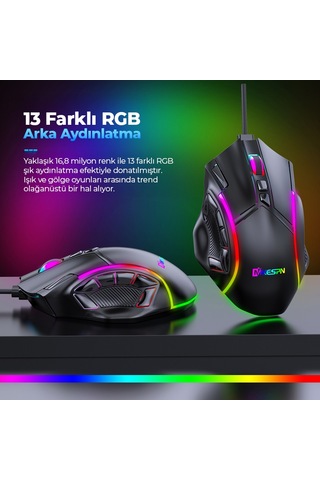 Mkespn X15 Gaming Mouse 12800 Dpı 12 Tuş Makro 1000hz Rgb - Siyah Diğer