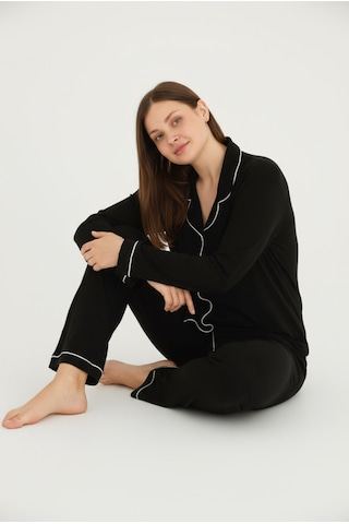 Bravie Luxury Viscose Siyah Beyaz Biyeli Kadın Uzun Kollu Büyük Beden Pijama Takımı 42501 Siyah