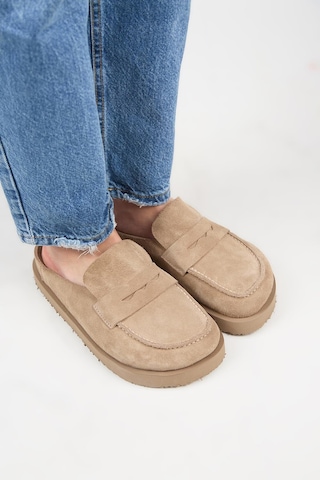 Manijero Ziva Kadın Hakiki Deri Loafer Platform Vizon Terlik