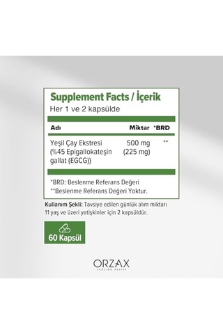 Orzax Green Tea 500 Mg 60 Kapsül