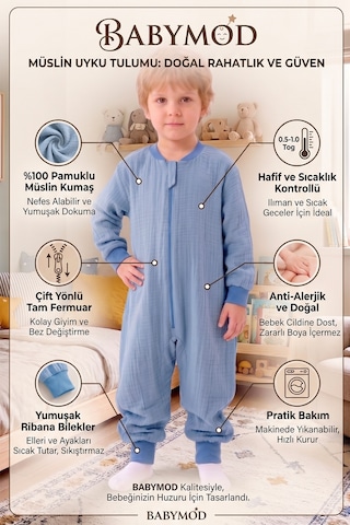Baby Mod Müslin Uyku Tulumu 1.0 Tog Çocuk Yazlık Uyku Tulumu Uyku Gurusu %100pamuk Doğal Kumaş Mavi