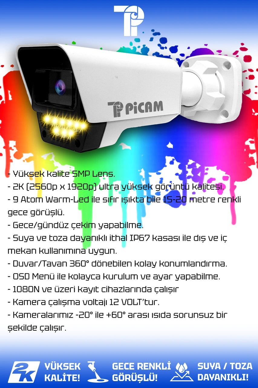 Picam 6 Kameralı Süper 6 Dış Kamera Set 250 GB 5 MP 2K Net Renkli Gece Görüşlü Güvenlik Kamerası Sistemi