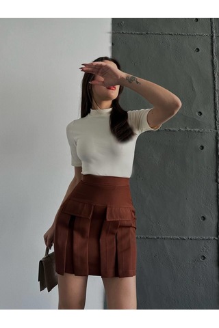 Kadın Acı Kahve Kargo Cep Detaylı Pileli Mini Etek-kahve Kahve