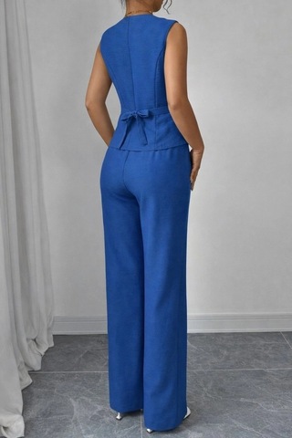 Defymoda Kadın Askılı Önden Düğmeli Bluz Ve Pantolon Keten Ikili Takım Mavi