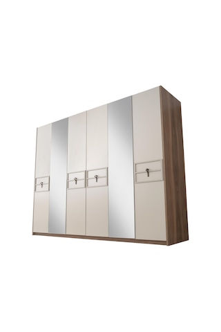 Ay Işığı 6 Kapaklı Aynalı Elbise Dolabı Gardrop 237x60x214 Bej