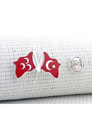 Takıhan Türk Bayrağı Ve Üç Hilal Tasarımlı 925 Ayar Gümüş Rozet Kırmızı