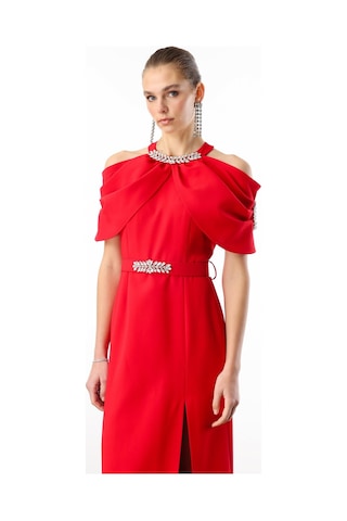 Moda İlgi Kadın Yakası Ve Kemeri Aksesuar Detaylı Elbise 0007 Kırmızı Kırmızı