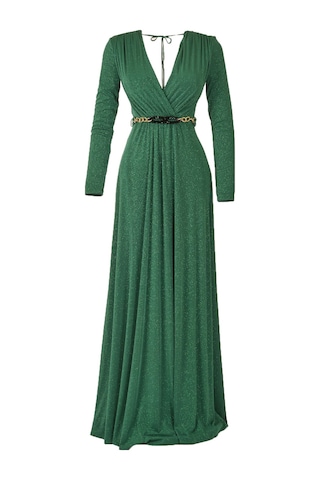 Explosion Maxi Abiye Elbise: Uzun Kol, V Yaka, Şık Kemer Detayı Yeşil