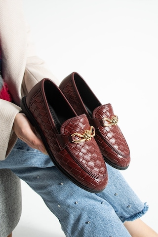 Lebibe Shoes Maby Kadın Bordo Örgü Dokulu Zincir Detaylı Loafer Düz Ayakkabı Babet