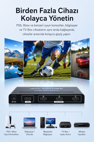 3 Port Hdmı Switch 4k Ultra Hd, 3 Giriş 1 Çıkış Hdmı Anahtarlayıcı, Uzaktan Kumandalı Çoklayıcı, Ps5 Xbox Tv Box Pc Monitör Projektör Uyumlu, Metal Gövde Q508