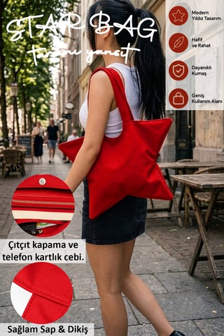 Tuttobene Star Bag Yıldız Çanta Çıtçıtlı İç Cepli Özel Tasarım Omuz Çantası Su Geçirmez Leke Tutmaz Tb052 Kırmızı