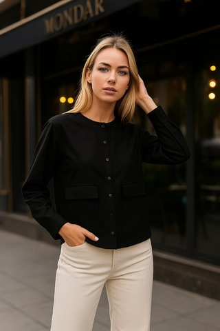 Kadın Siyah Cepli Hakim Yaka Gömlek Şık Ve Rahat Tasarım Siyah