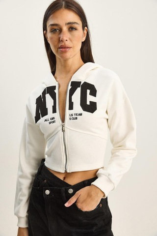 Shade Kadın Nyc Nakışlı Üç İplik Şardonlu Kapüşonlu Crop Hırka 6942 60283794 - Beyaz