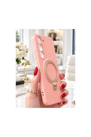 Tecno Spark 40 Pro İle Uyumlu 360 Derece Dönebilen Kalın Metal Magsafe Halka Stantlı İçi Kadife Korumalı Ultra Lüx Premium Silikon Kılıf Pembe
