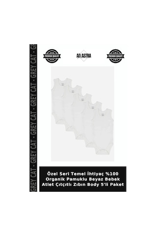 Grey Cat Özel Seri Temel İhtiyaç %100 Organik Pamuklu Beyaz Bebek Atlet Çıtçıtlı Zıbın Body 5'li Paket