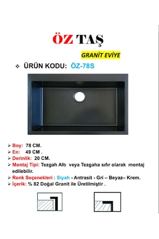 Öztaş ÖZ-78s Granit Mutfak Eviye Siyah Tek Gözlü 50 x 78 CM
