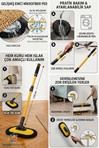 Fayans Yer Silme Mopu Teleskopik Kilit Sistemli Uzayıp Kısalan Makarn Mop Yer Silme Paspası Yer Silme Duvar Silme Mopu Premium Ultra Yumuşak Emici Havku Makarna Cam Silme Mopu Sarı - Siyah