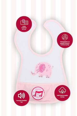 Düdüklü Cepli Sıvama Mama Önlüğü - Mutlu Fil Pembe Bebek Önlüğü Açık Pembe