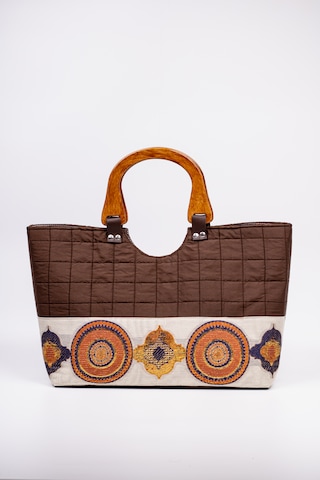 Fabric Craft Bag Ahşap Saplı El Çantası Kahverengi Kapitone 46x30 Cm Kahverengi