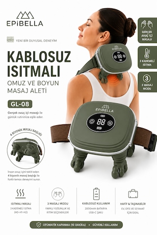 Gl-08 Krem Kablosuz Isıtmalı Boyun Ve Omuz Masaj Aleti Şarjlı Derin Yoğurma Masaj Cihazı 3 Kademeli Yeşil
