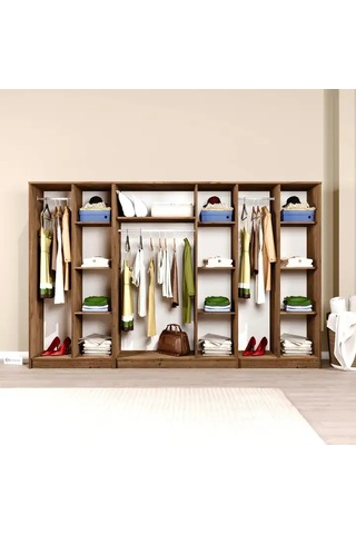 Kardelen Serisi Atlantik Çam 7 Kapaklı 13 Raflı 280 Cm Elbise Dolabı - Gardırop Seti Atlantik Çam