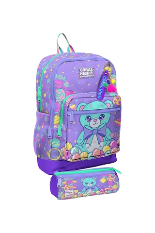 Coral High Okul Sırt Çantası Ve Kalemlik Seti - Mor Yeşil Ayıcık Desenli Kız Çocuk Setygn33205c Çok Renkli