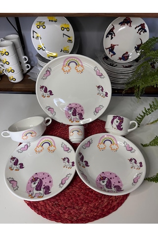 7 Parça Pembe Unicorn Model Çocuk Bebek Yemek Takımı Beslenme Seti Çok Renkli