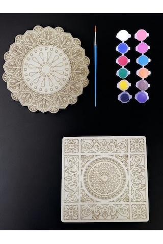 Mandala , 20 Cm 2'li Ahşap Hobi Boyama Setleri Model 3