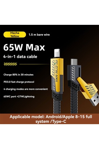 Symbee Metal Nilon Örgü 4'lü Şarj Kablosu 65w+27w Çok Fonksiyonlu Ios/type-c Uyumlu Arabada Ve Evde Hızlı Şarj 1.5m Kutulu