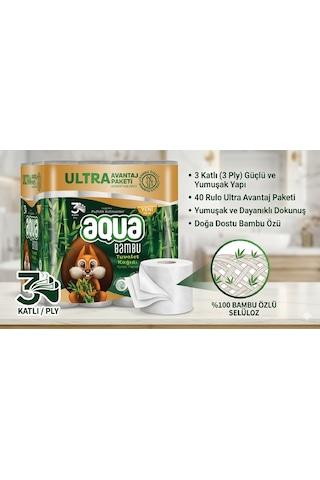 Aqua Bambu Tuvalet Kağıdı, 3 Katlı, 40 Rulo, %100 Selüloz Bambu Özlü Yumuşak Ve Dayanıklı