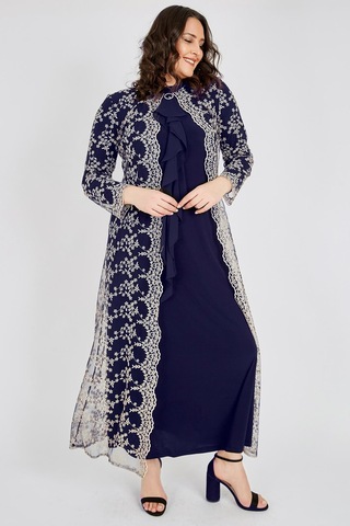 Ladies First Büyük Beden 3408 Lacivert Dantelli Abiye Elbise 001