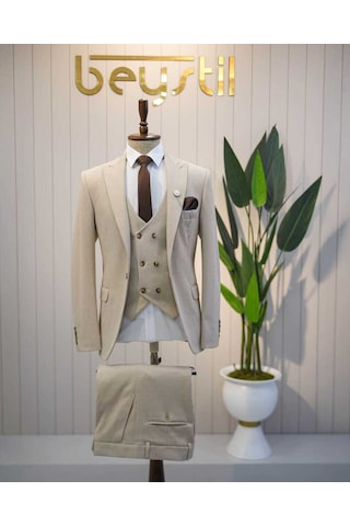 Beystil Sivri Yaka Krem Takım Elbise Elanor- Slim Fit Ekru