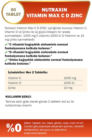 Nutraxin Vitamin Max C D Zinc 60 Tablet - Zaman Salınımlı