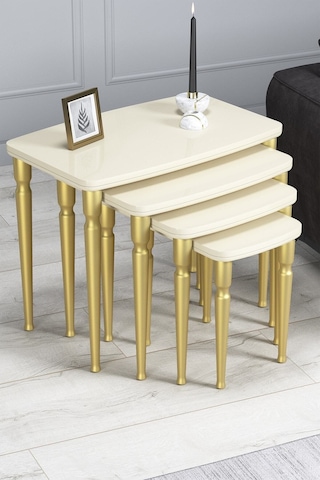 Imaj Mdf Ve Lake Boya, Krem 4lü Zigon Sehpa Takımı, Doğal Vernikli Gürgen Ayaklar Sehpalar Krem Ayaklar Gold