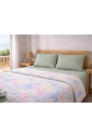 Faralya Life Baskılı Çift Kişilik Pike Takımı 200x220 Cm Pike 240x260 Çarşaf 2 Adet 50x70 Yastık Kılıfı %100 Pamuk Yumuşak Dokulu Yatak Örtüsü Seti Yeşil 