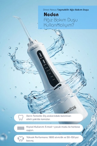 Şarjlı Taşınabilir Ağız Duşu 5 Başlıklı 5 Modlu Ipx7 350 Ml Beyaz