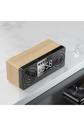 Springsun A10 Müzik Çalar Saat - Bluetooth 5.0 Radyo, Tf Kart, Usb, Aux Destekli Led Ekranlı Hoparlör - Sarı Ahşap Desen